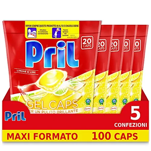 Pril Gel Caps Limone & Lime Detersivo Lavastoviglie Pulito Brillante, 5 x 20 Capsule