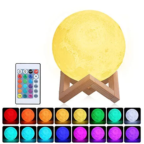 Lampada Luna 3D Stampata 16 Colori, Tom-shine Luna Lampada Led 15cm,3D Luna luce USB Ricaricabile,Moon Lamp Lampada led Luna con Telecomando e Stand in Legno [Classe di efficienza energetica A+++]