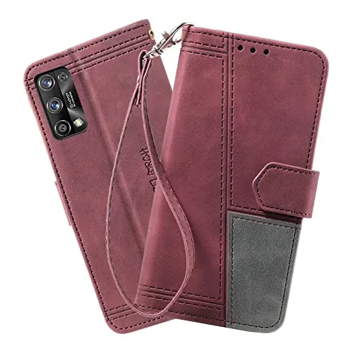 DENDICO Cover per OPPO Realme 7 Pro, Flip Custodia in PU Pelle, Cover a Libro Magnetica Portafoglio per Realme 7 Pro, Vino Rosso