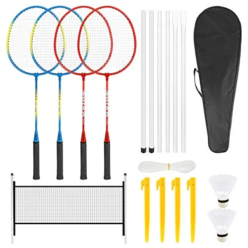 Achort, set da badminton per 4 giocatori, racchette da badminton per bambini e adulti, set completo di racchette da badminton con 2 volani, 4 racchette, 4 borchie, rete e 6 pali, set da badminton