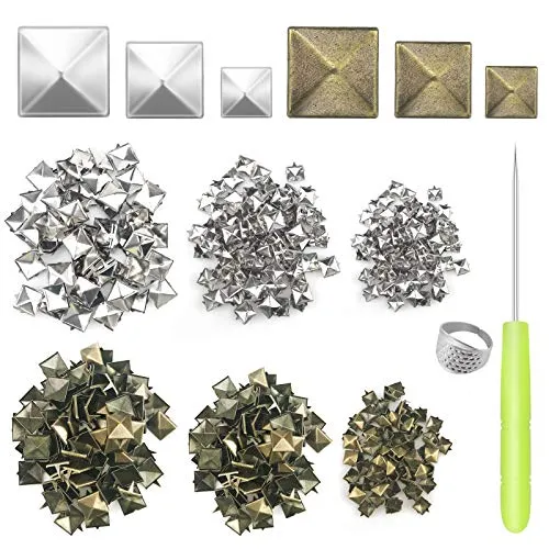 600 pezzi Pyramid Square Studs 8/12/15mm Leathercraft Spike Rivets Punk Head Nailhead Borchie, per Borsa Cintura Abbigliamento Scarpe FAI DA TE Projects, con perforazione AWL e Thimble(Bronzo,Argento)