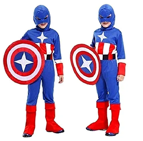 Costume Capitan America Bambino Carnevale Vestito Supereroe Con Maschera Colore Blu (Taglia M) 4-6 Anni Travestimento Cosplay Ottimo Come Regalo Per Natale O Compleanno