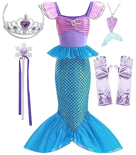SunHibay 5 pezzi costumi cosplay sirena abito ariel per ragazze festa di compleanno con gioielli tiara Vestito Costume da Principessa Sirena per Bambina (110, E77(PPP)