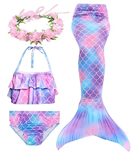 Hifunbay Ragazze Coda da Sirena per Nuotare Bambina Costume da Bagno Incluso 3PCS Bikini e Fiore Garland Archetto (DH101-B07,140)