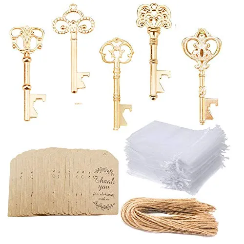 Awtlife - Apribottiglie a forma di chiave a forma di scheletro in oro KC, 5 stili con etichetta, per matrimoni, feste, Natale