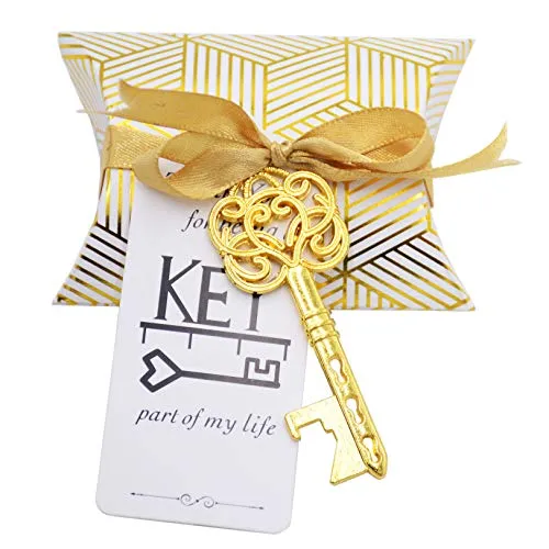 Makhry 50pcs regalo cuscino Candy Box Apri chiave apribottiglie e nastro di seta festa di nozze favore (oro antico)