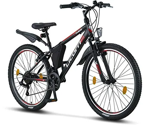 Licorne Bike - Mountain bike 26” cambio a 21 marce, forcella ammortizzata, bicicletta per bambini, ragazzi, donne e uomini, con borsa per il telaio, Bambino Uomo, nero/rosso/grigio