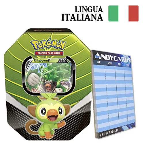 Andycards Tin Pokémon RILLABOOM V in Italiano - Carta Promo e 4 Buste + Segnapunti