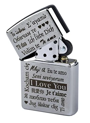 Zippo con incisione "I Love You" in più lingue su accendino a benzina cromato spazzolato