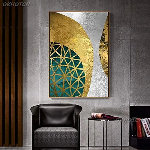 ganlanshu Motivo Nordico Geometrico Verde Oro e Argento su Tela Poster Astratti Arte Parete Immagine Soggiorno Decorazione casa Senza Cornice Pittura 50cmX75cm