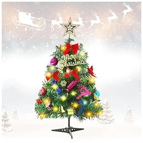 Albero di Natale da Tavolo di 60 cm, Mini Albero di Natale Artificiale di Pino con luci a Stringa LED e Ornamenti (Albero di Natale)