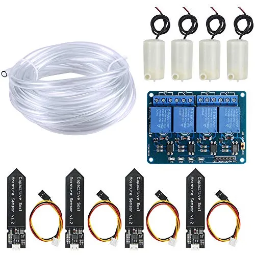 WayinTop Irrigazione Automatico Kit Fai da Te Sistema, 4 Canale 5V Relè Modulo + 4pcs Sensore di Misurazione umidità del Suolo + 4pcs Mini Acqua Pompa Sommergibile + 4M Tubo Flessibile