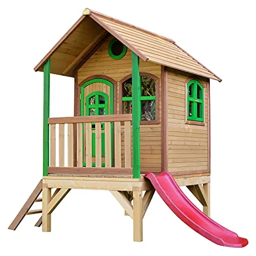 AXI Tom Casa Bambini con pavimento e scivolo rosso | Casetta da gioco per giardino/esterno in marrone e verde in legno FSC | Parco giochi per bambini..