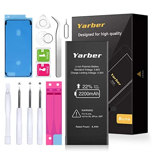 Yarber Batteria per iPhone 6, 2200mAh Batteria sostitutiva ad alta capacità 0 Ciclo, Kit attrezzi professionali completi con istruzioni [2020 Data di produzione]