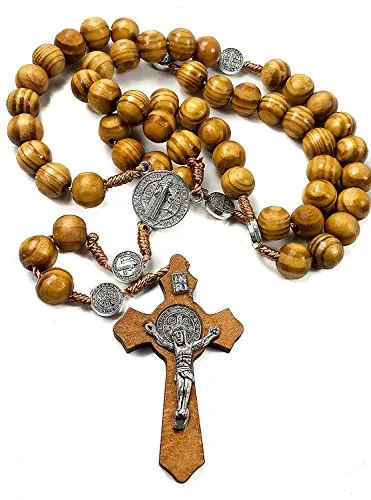 Rosario di San Benedetto in legno d'ulivo, rosario cattolico con medaglia, fatto a mano da Gerusalemme