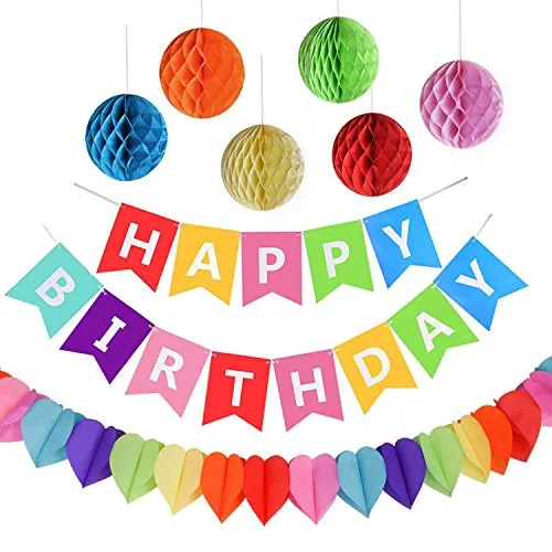 Kit Decorazione Festa di Compleanno, Striscione “Happy Birthday” con 6 Sfere a Nido d'ape e una Decorazione di Carta Arcobaleno, Party kit