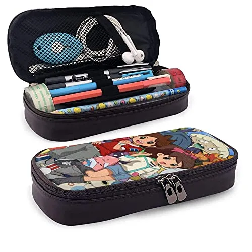 Anime Yo-Kai Watch Pencil Case Multifunction Large Capacity Pu Leather Pencil Case Makeup Box with Zipper Closure for Student School Work Office