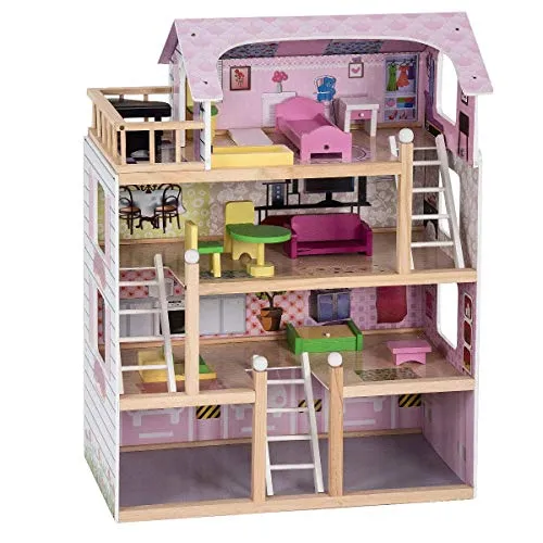 COSTWAY Casa delle Bambole in Legno, Giocattolo dei Bambini con Accessori, 81 x 60,5 x 29,5 cm