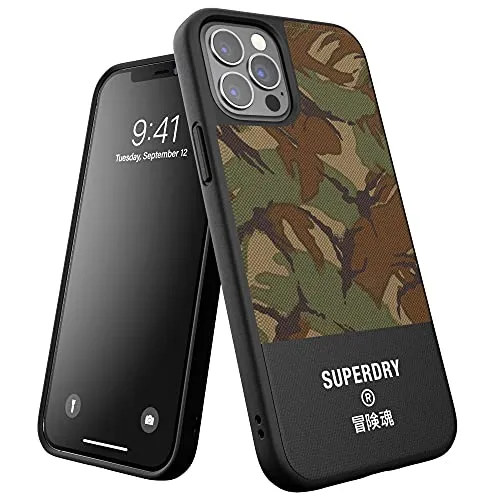 Superdry 42588 - Custodia per iPhone 12 / iPhone 12 Pro 6.1, in tela modellata per iPhone 12 / iPhone 12 Pro 6.1, mimetico, verde mimetico