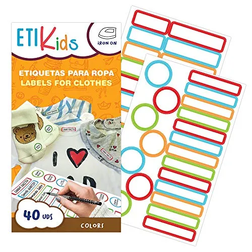 ETIKids 40 Etichette Vestiti Termoadesive da STIRARE. Formati e colori vari, per contrassegnare indumenti, vestiti dei bambini a scuola ed asilo. (Color)