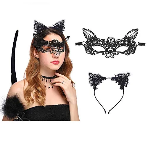 Coolba Orecchie da Gatto Cosplay, 3 Pezzi Costume Gatto Bambina Copricapo e Maschera Donna e Coda di Gatto Tail Set Cosplay Partito