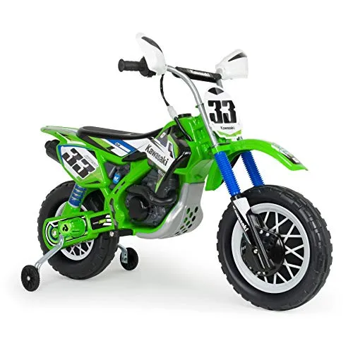 INJUSA - Kawasaki Cross Motorbike batteria 12V con acceleratore a pugno e bande di gomma sulla ruota posteriore consigliate per bambini +3 anni