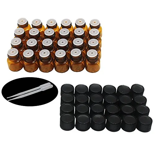YIZHAO Essential Oil 1ml Amber Sample Glass Bottle, Samll Sample Glass Vials Empty for Essential oil Diffuser,Massage,Beauty Oil Mix,Lab bottle with [Orifice Reducers]– 24 Pcs
