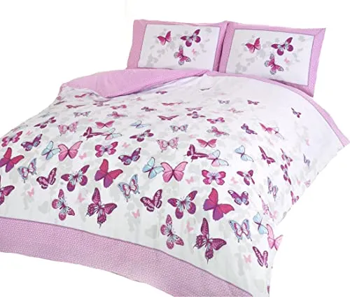 Art - Set copripiumino singolo con farfalle che svolazzano, colore: rosa e bianco, Cotone e poliestere, rosa, Singolo