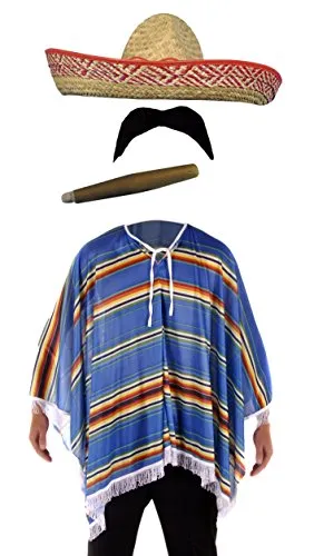 Hendbrandt Costume da bandito, stile: messicano Poncho, Cigar, Moustache and Sombrero Taglia unica