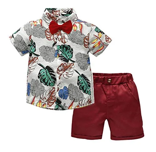 Jimmackey 2pcs Bambino Ragazzo Stampa Camicia Bow Tie T Shirt Cime + Pantaloncini Abiti Set