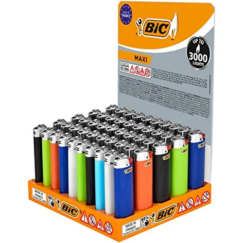 BIC J26 Long-Lasting Maxi Lighters that lasts for up to 3,000 lights, Assorted Colour, Tray of 50