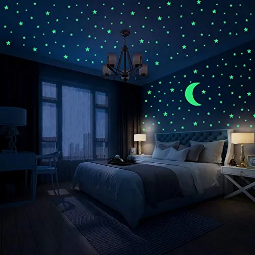 Hiveseen Glow in the Dark Stickers muraux, 402 PCS étoiles lumineuses et autocollant de lune pour la chambre des enfants, illuminez votre décoration de plafond et de salon (A)