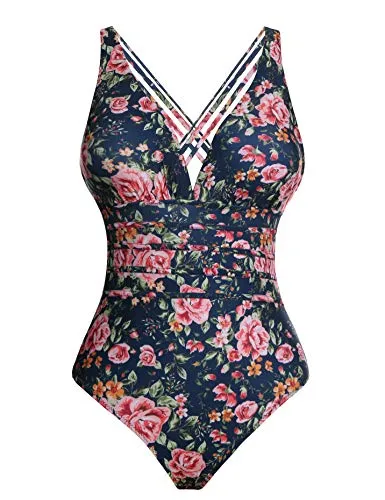 Aibrou Costume da Bagno Donna Sexy Interi Bikini Costumi da Mare Spiaggia Elegante Monokini S-XXL (Blu*Fiore, x-Large)