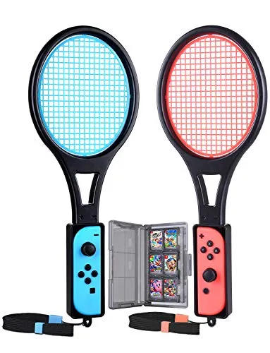 Tendak Racchetta da tennis per Nintendo Switch Mario Tennis Aces Giochi Racchetta Tennis per Joy-Con Controller con Custodia per carte di gioco 12 in 1 (2 Pezzi, Blu e Rosso)