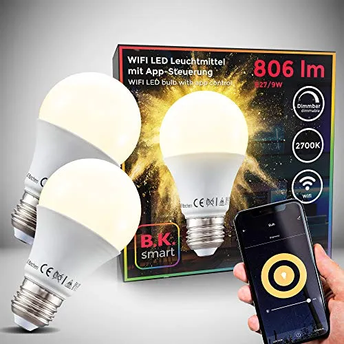 Lampadine LED smart E27, set di 2, dimmerabili con lo smartphone, luce calda 2700K, funzionano con App per iOS e Android, Amazon Alexa, Google Home, lampadine Wi-Fi, 9W 806Lm, attacco grande E27