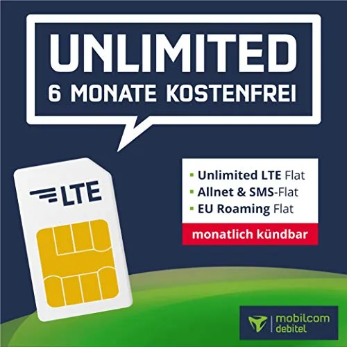 Tutto Incluso Pacchetto SIM – 6 Mesi Senza tariffe di Base, Internet LTE-Internet Flat con 2 Mbit/s, telefonia Flat e SMS, Roaming UE (inviabile in Ogni Caso)