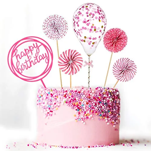 Maitys Set Happy Birthday Topper per Torte Ventagli di Carta Coriandoli Palloncino Cupcake Acrilico Topper per Decorazione Torta di Compleanno (Rosa)