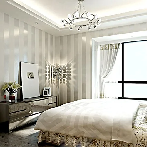 Carta da parati non tessuta a righe verticali minimalista moderna KeTian per soggiorno camera da letto 0.53 m (1.73 'P) x 10 m (32.8' L) = 5.3 m 2 (57 piedi quadrati) (crema e argento)