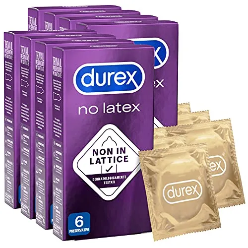 48 Preservativi Durex No Latex Anallergici Non In Lattice Dermatologicamente Testati in Poliisoprene Forma Easy-on con Serbatoio 8 Scatole da 6 Profilattici