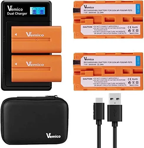 Vemico NP-F550 Batteria Caricabatterie Kit 2 x 3000mAh Batterie di Ricambio e Doppio Caricatore LCD di Tipo C USB per Sony NP F970/ F750/ F770/F960/F550/F530/F330/F570/TR516/TR716/TR818/TR91/TR917