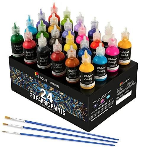 Zenacolor Tubetti di Pittura Stoffa e Tessuti in 3D - 24 Colori Vibranti in Bottigliette da 29 ml - Per Arte e Divertimento - Per Tessuti, Abiti, Tela, Vetro, Legno