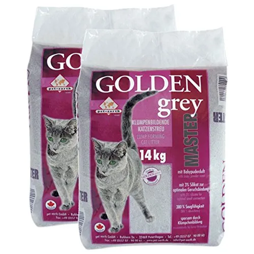 2 confezioni da 14 kg (totale 28 kg) di sabbia Golden Grey Mater per lettiere per gatti, con silicati e aroma al borotalco