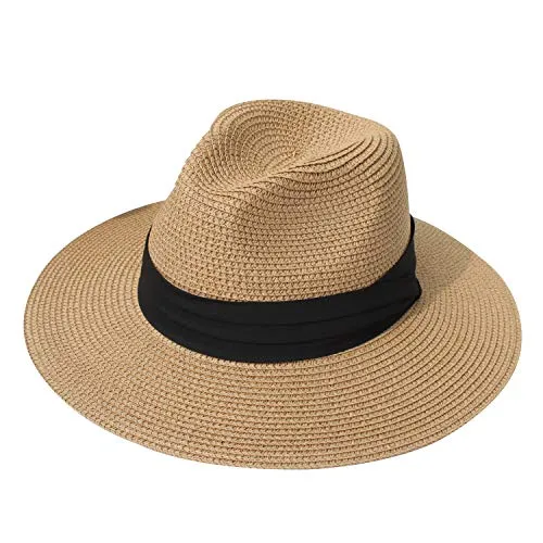 DRESHOW Donna Cappello Panama Cappello da Spiaggia in Paglia Fedora Cappello Arrotolato in Paglia a Tesa Larga Cappelli Panama UPF 50+