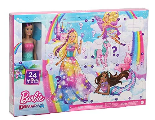 Barbie- ​Calendario dell'Avvento di Barbie Dreamtopia con Bambola Bionda, Vestiti da Favola, 3 Tre Cuccioli e Tanti Accessori, Giocattolo per Bambini 3+Anni, GJB72, Imballaggio Standard