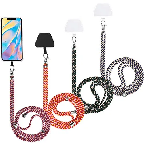 4 Pezzi Corda per Smartphone Universale con Cordino a Tracolla Regolabile in Nylon Staccabile da Collo e 4 Patch Resistenti per Maggior Parte di Smartphone, Neri e Trasparenti (Colorato)