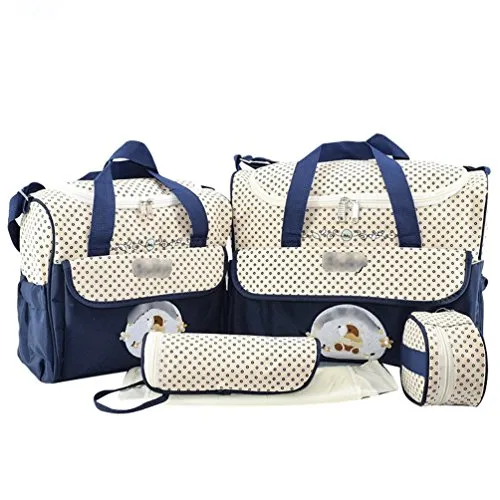 Jitong 5 Pezzi Set di Borse per Mamma/Ricamata Borsa a Tracolla Bambino/Fasciatoio per Pannolini/Borse Termiche Biberon (Marina, Taglia unica)