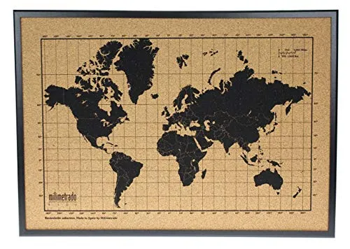 Milimetrado - Mappa del mondo bacheca in sughero/Mappa del mondo Poster in sughero con cornice in legno di pino - 50 x 70 cm - Nero