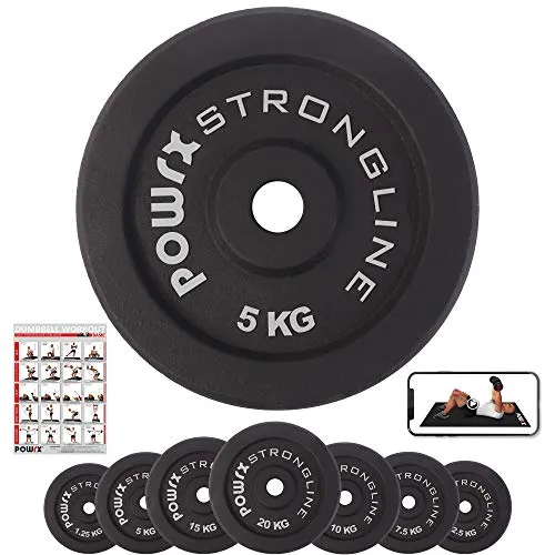 POWRX - Dischi pesi ghisa 20 kg set (2 x 10 kg) - Per manubri e bilancieri con diametro Ø 30 mm + PDF workout (Nero)