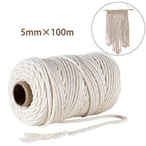 GoMaihe Spago Bianco, 5MM Spago per Decorazioni Naturale, 100M Durable Macrame Corda di Cotone, Filo Cotone per Tende Wall Hanging Acchiappasogni, Cordoncino Fai da Te Arazzo Festa Natale