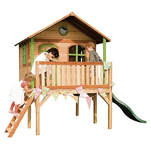 AXI Sophie Casa Bambini con pavimento e scivolo verde | Casetta da gioco per giardino / esterno in marrone e verde in legno FSC | Parco giochi per bambini